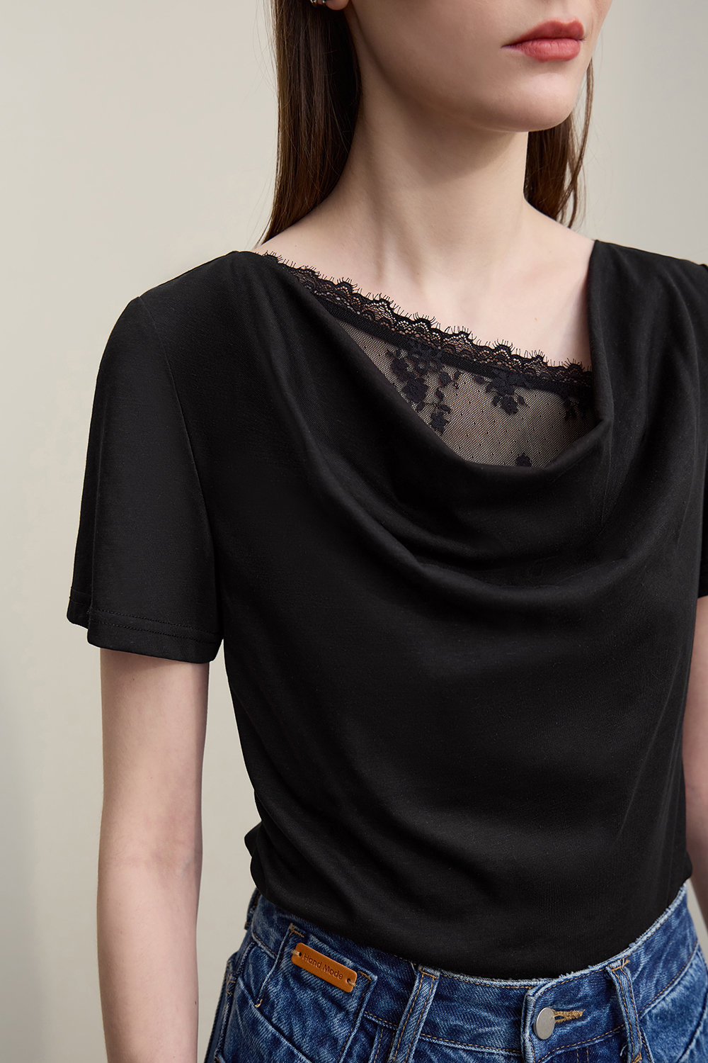 Lace Spliced Cowl Neck T-Shirt|AMII