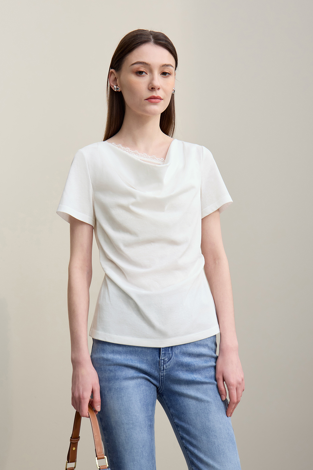Lace Spliced Cowl Neck T-Shirt|AMII