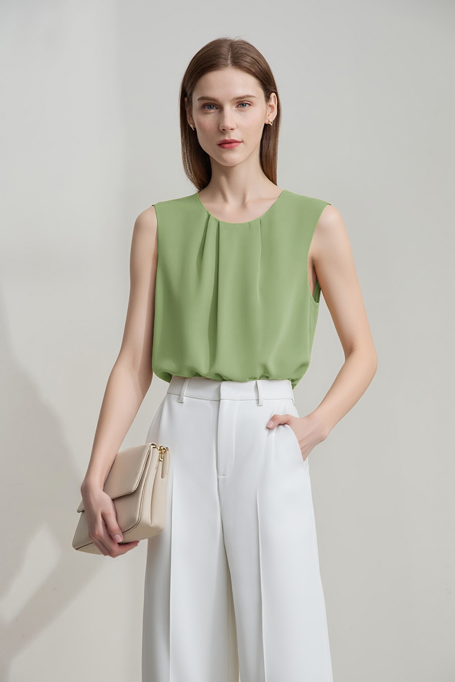 Gathered Sleeveless Chiffon Blouse|AMII