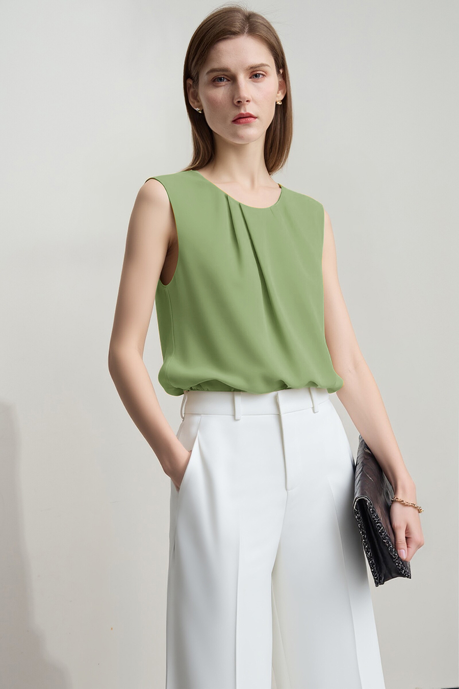 Gathered Sleeveless Chiffon Blouse|AMII