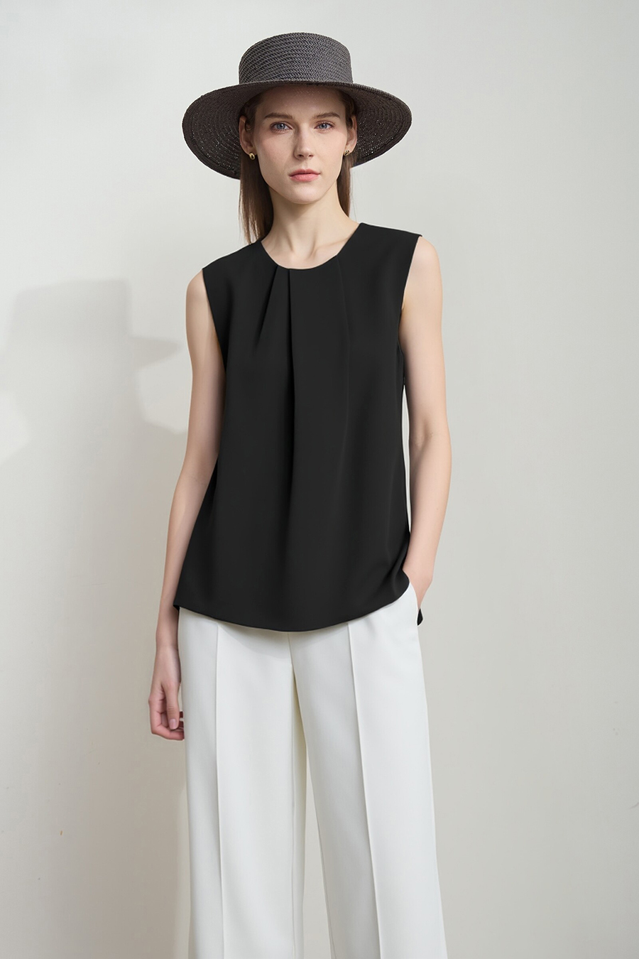 Gathered Sleeveless Chiffon Blouse|AMII