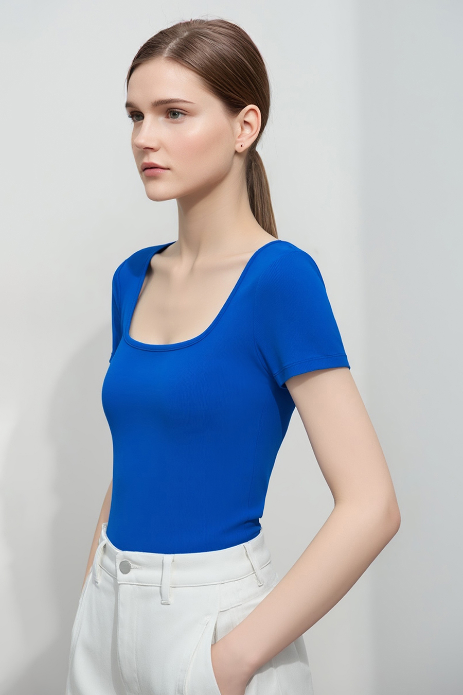 Square neck short sleeve stretch tee|AMII