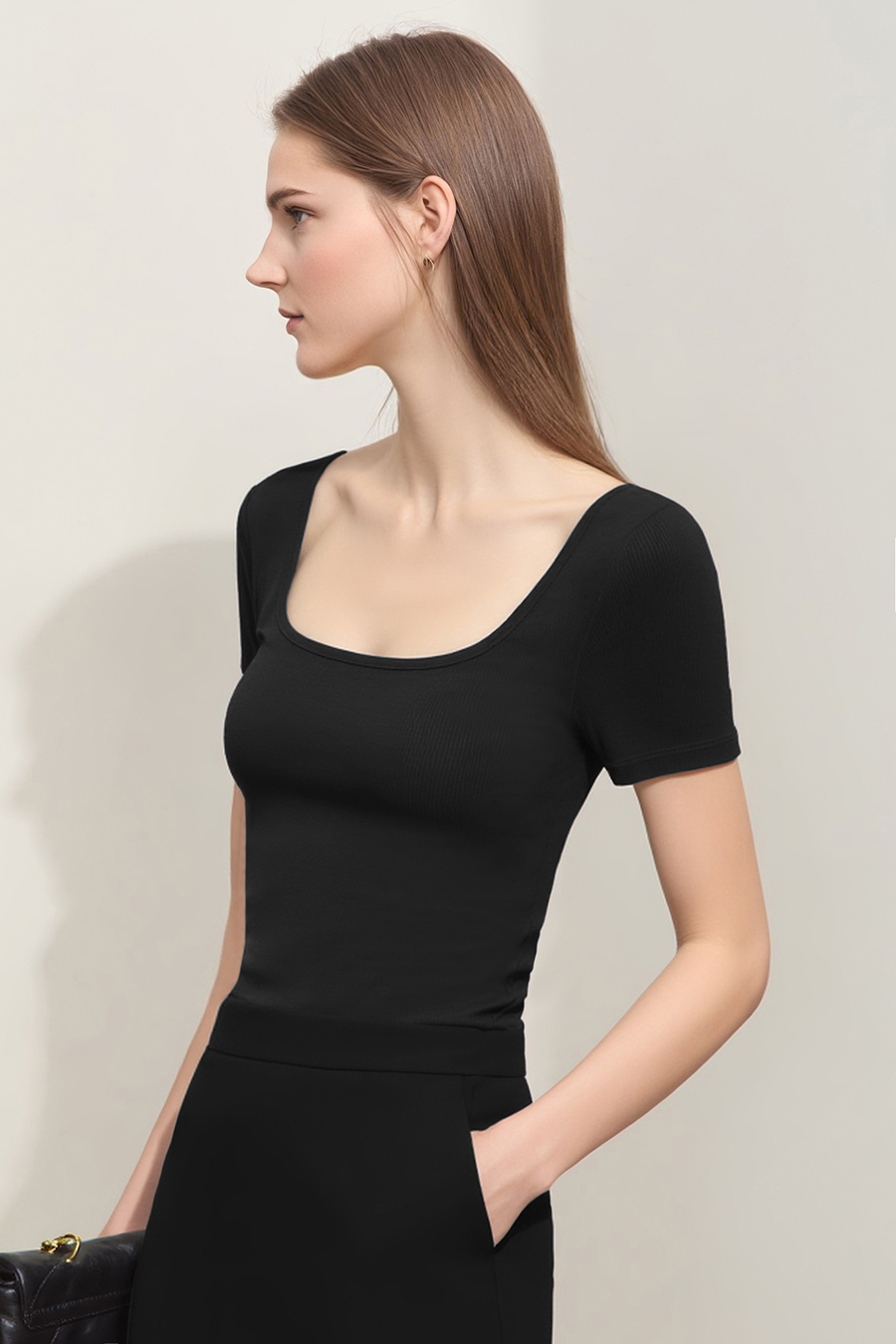 Square neck short sleeve stretch tee|AMII