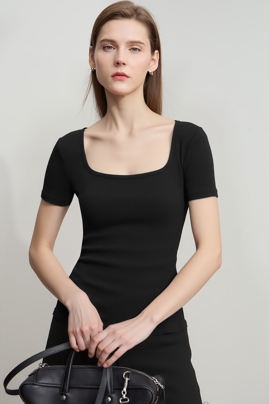 Square neck short sleeve stretch tee|AMII
