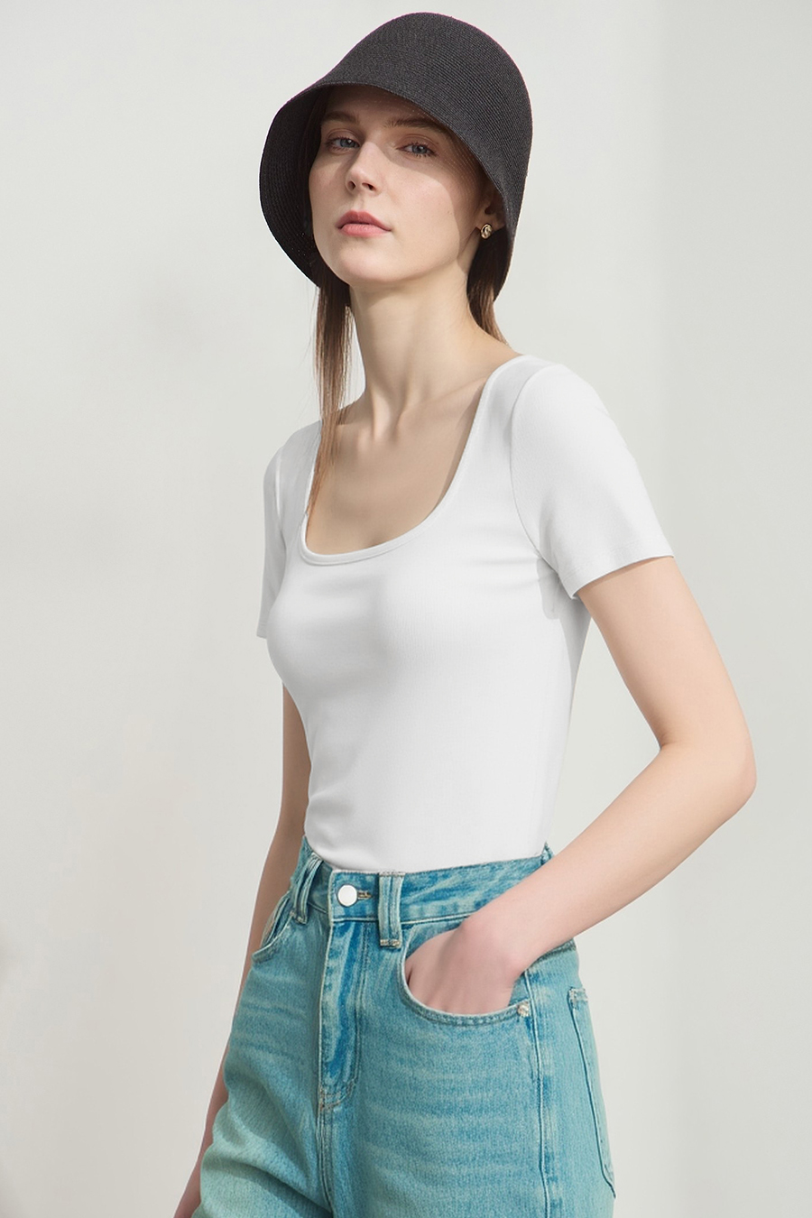 Square neck short sleeve stretch tee|AMII