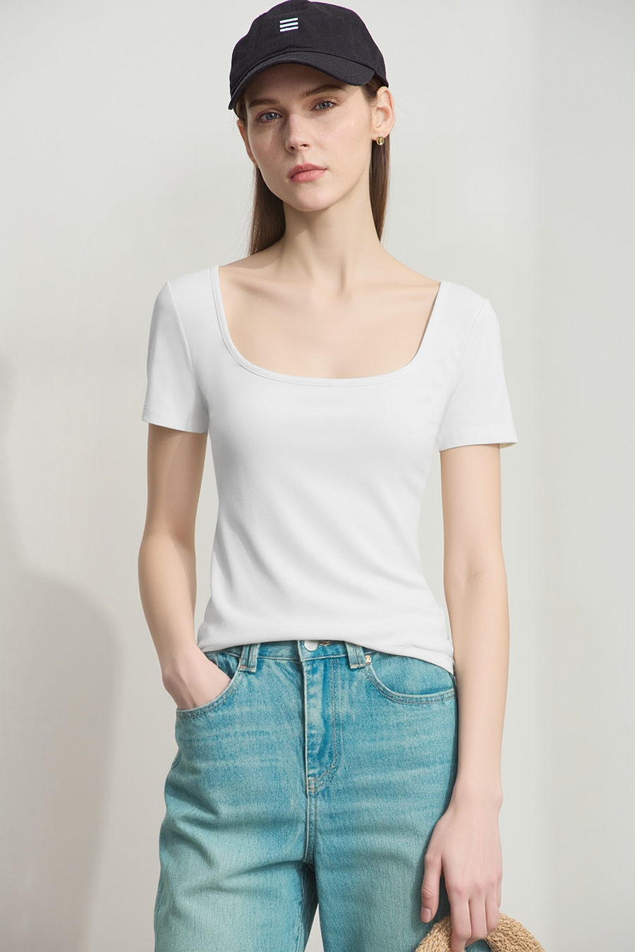 Square neck short sleeve stretch tee|AMII