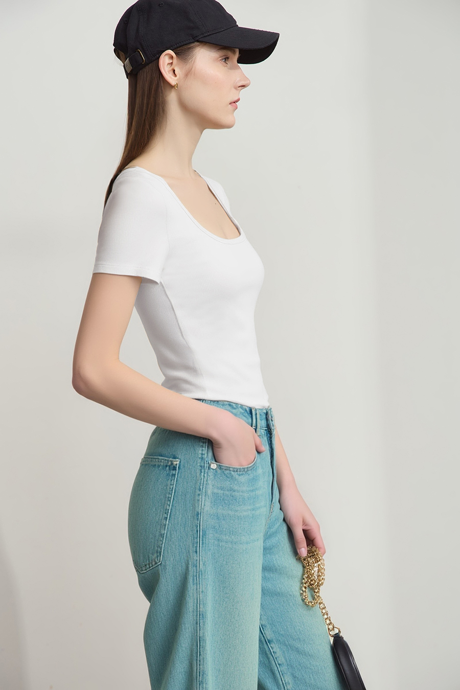 Square neck short sleeve stretch tee|AMII