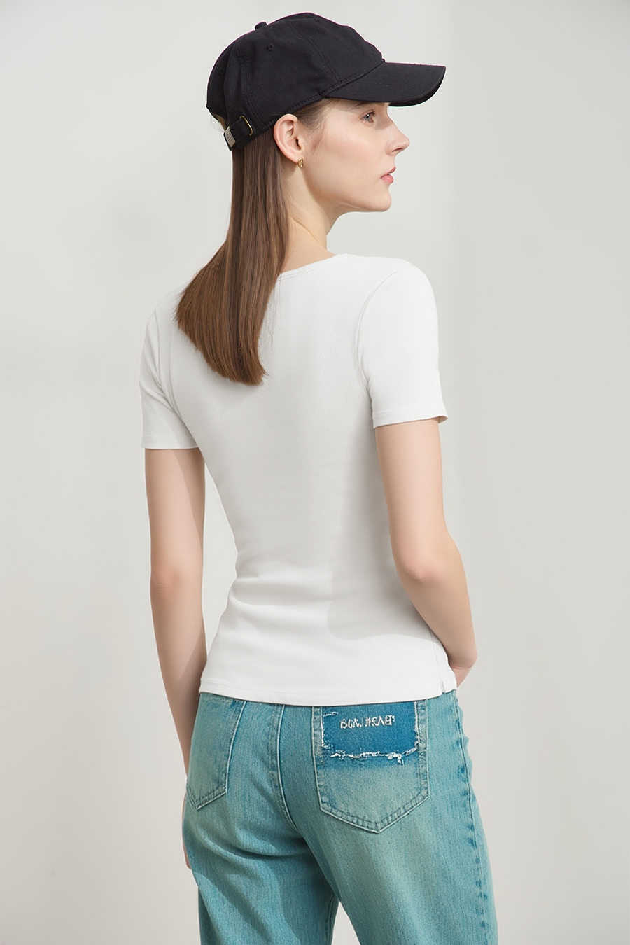 Square neck short sleeve stretch tee|AMII