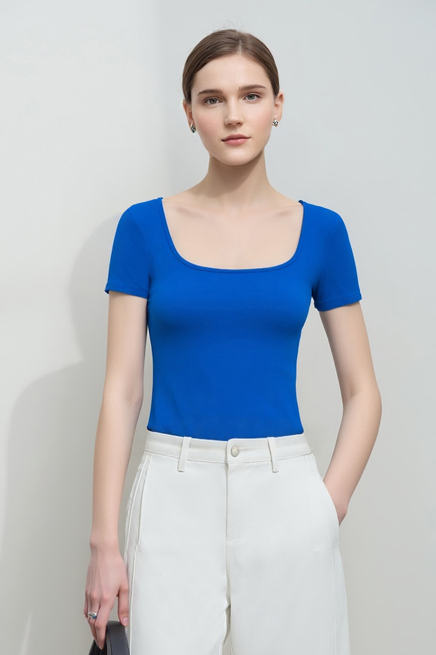 Square neck short sleeve stretch tee|AMII