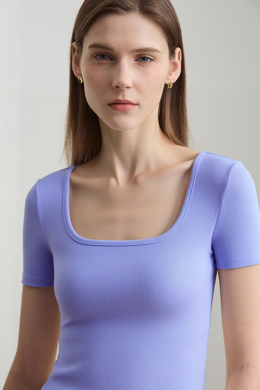 Square neck short sleeve stretch tee|AMII