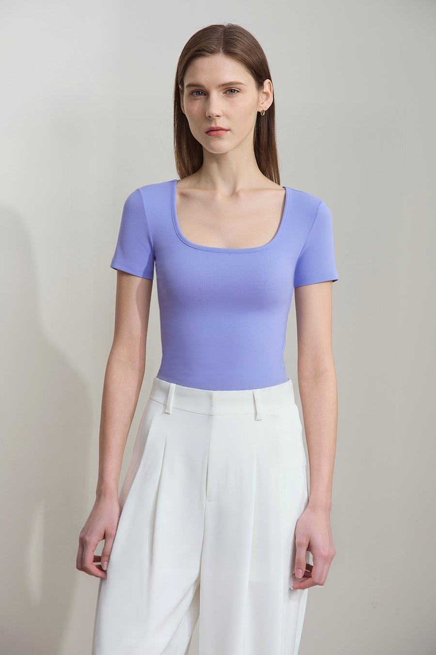 Square neck short sleeve stretch tee|AMII