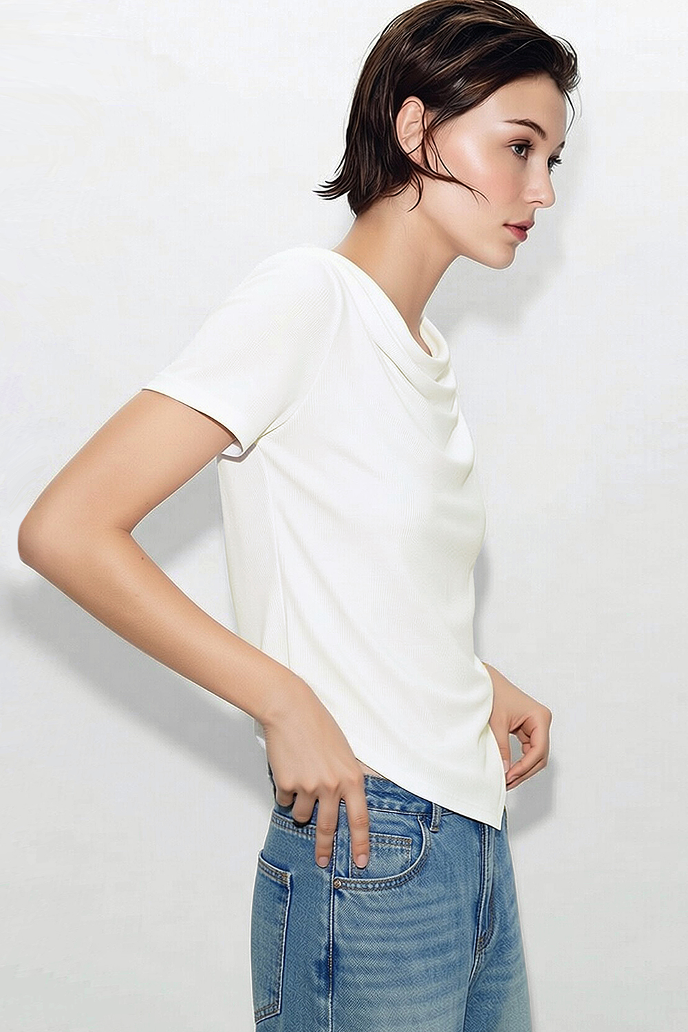 Cowl Neck Irregular Hem T-Shirt|AMII
