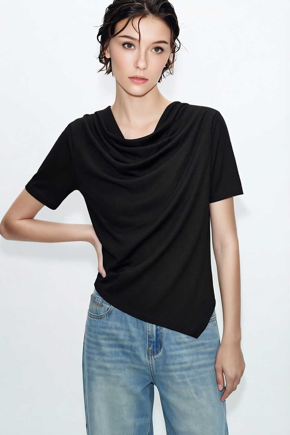 Cowl Neck Irregular Hem T-Shirt|AMII