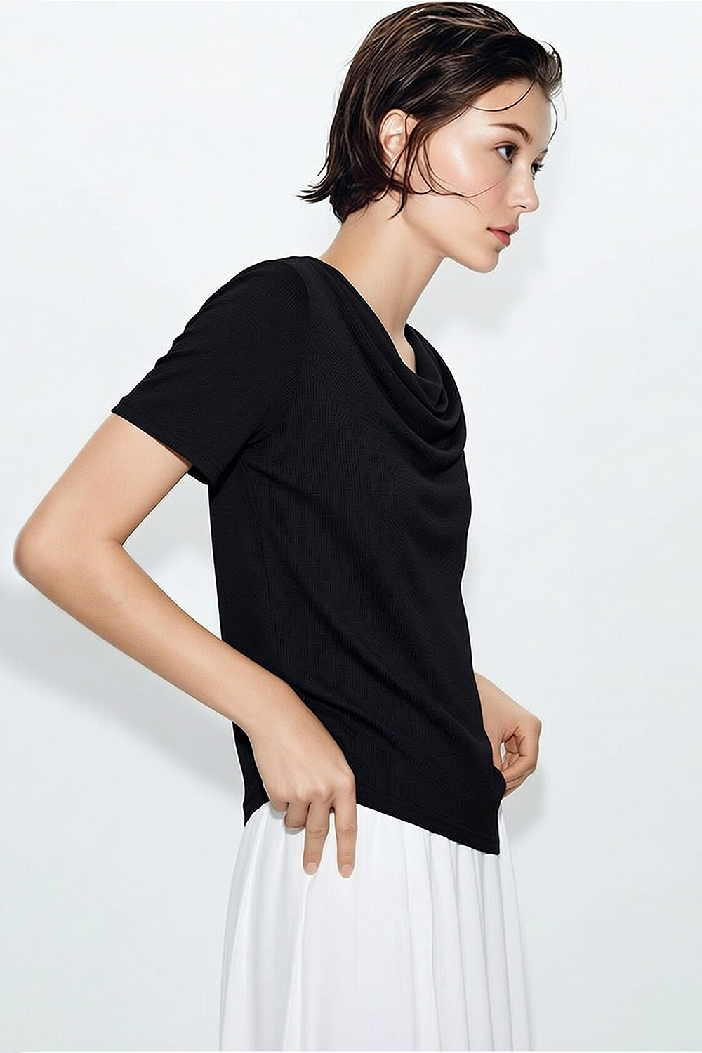 Cowl Neck Irregular Hem T-Shirt|AMII