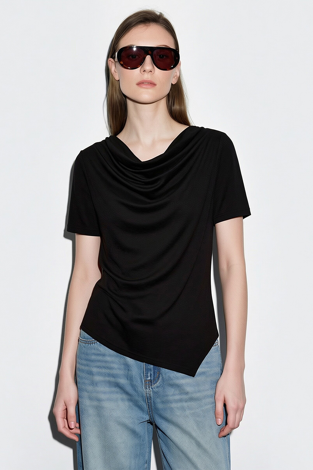 Cowl Neck Irregular Hem T-Shirt|AMII