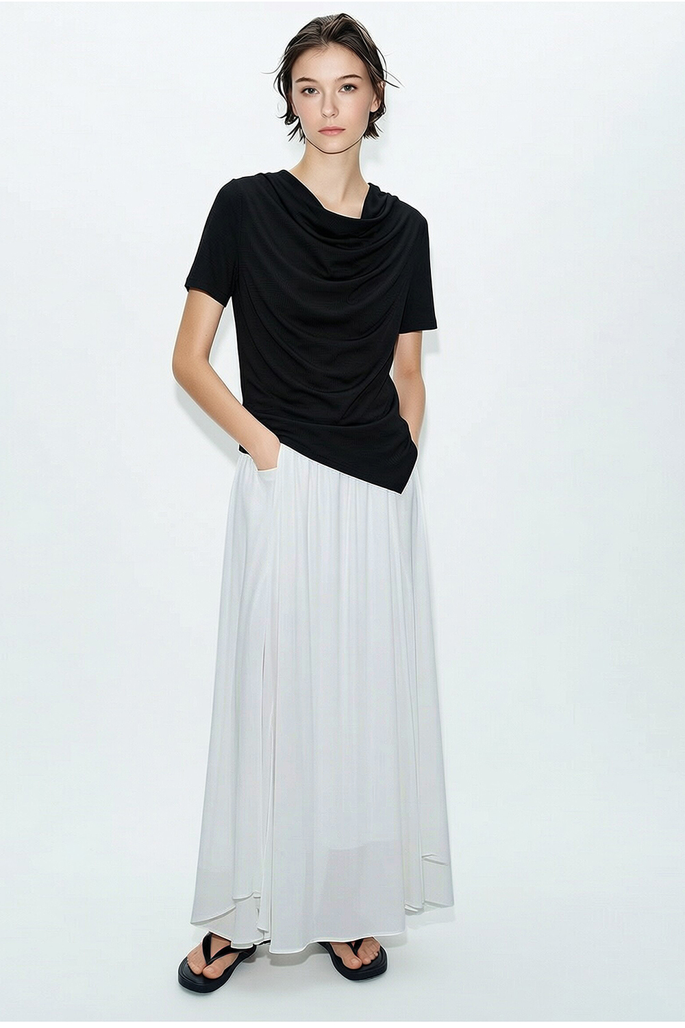 Cowl Neck Irregular Hem T-Shirt|AMII