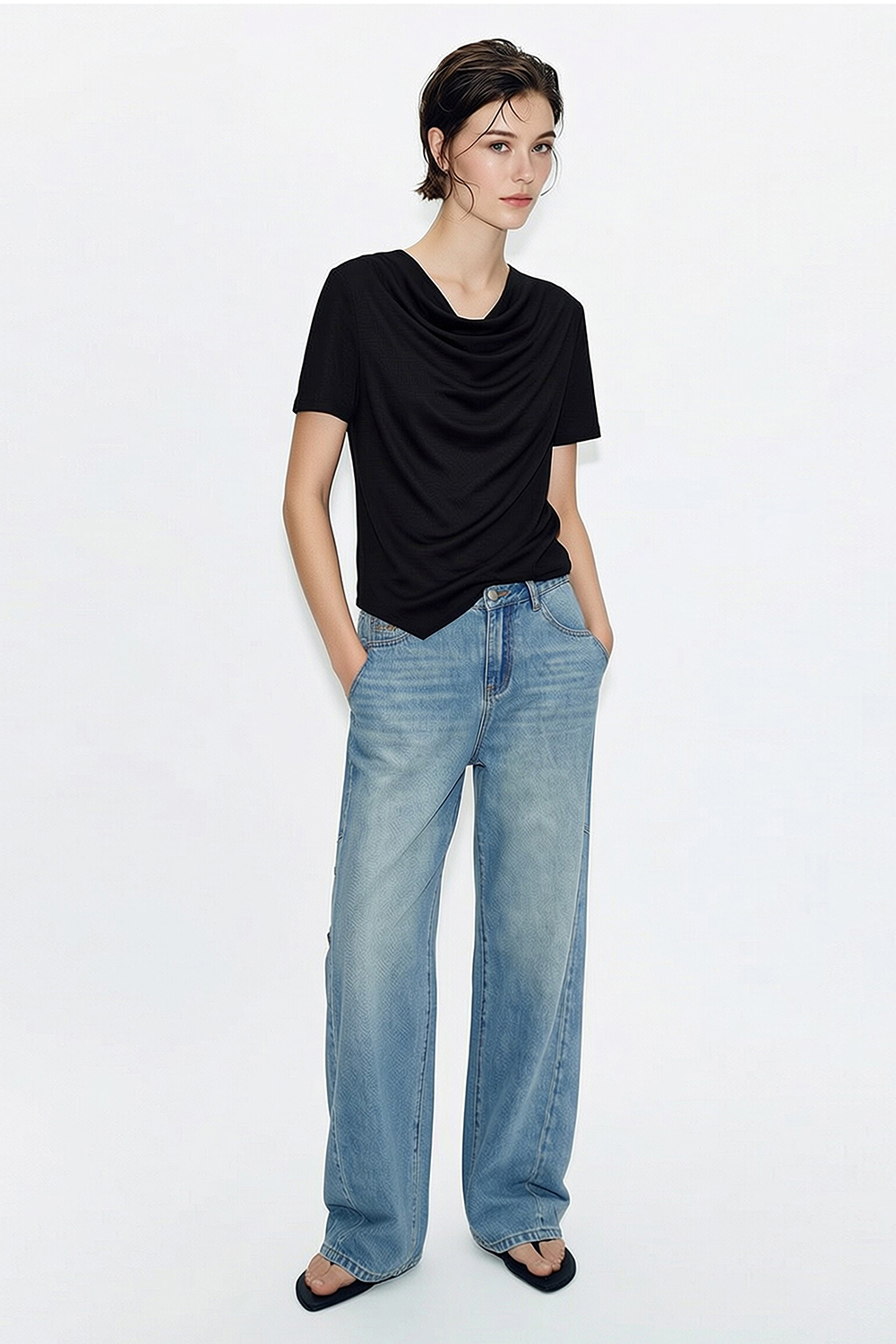 Cowl Neck Irregular Hem T-Shirt|AMII