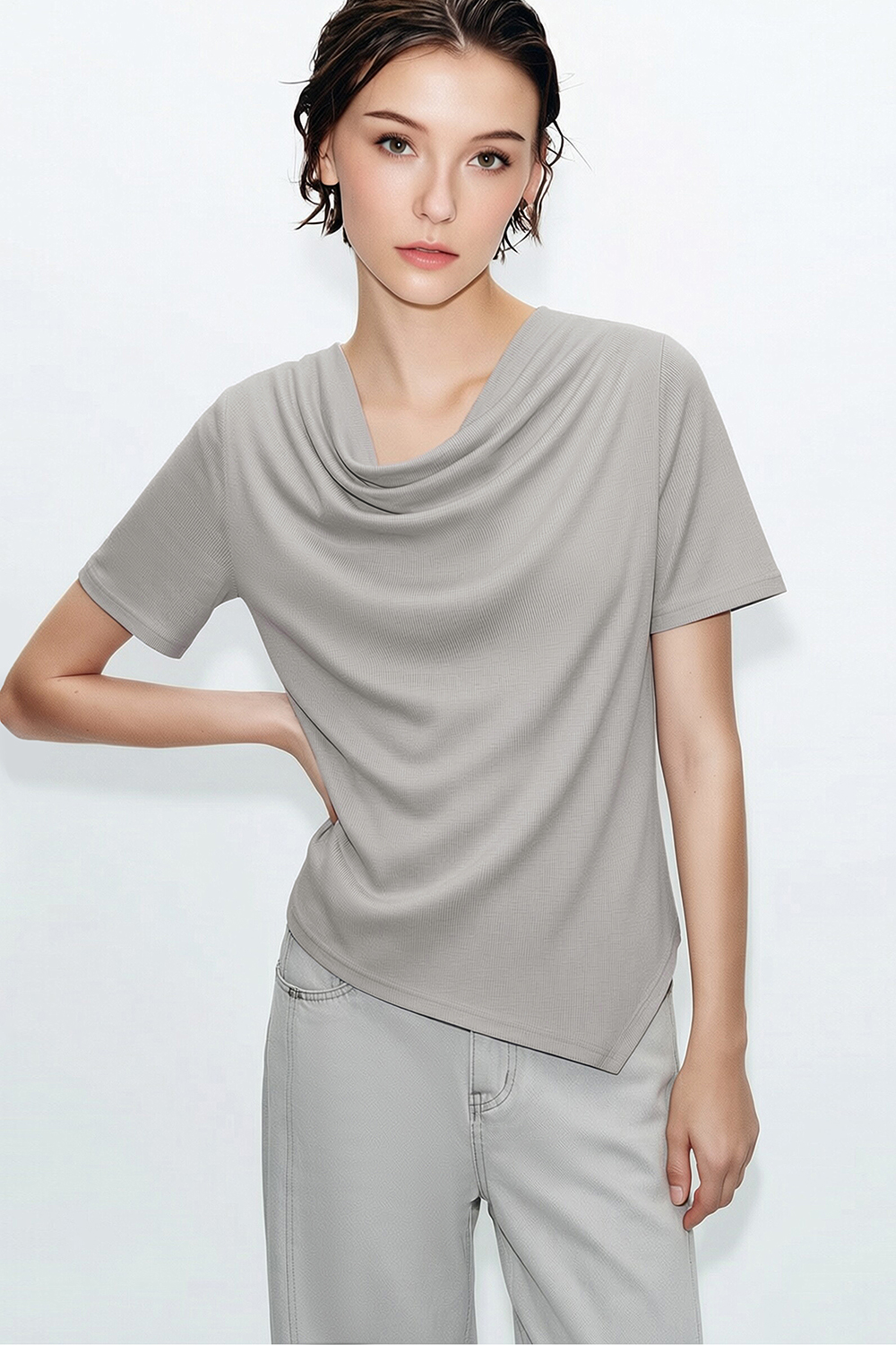 Cowl Neck Irregular Hem T-Shirt|AMII