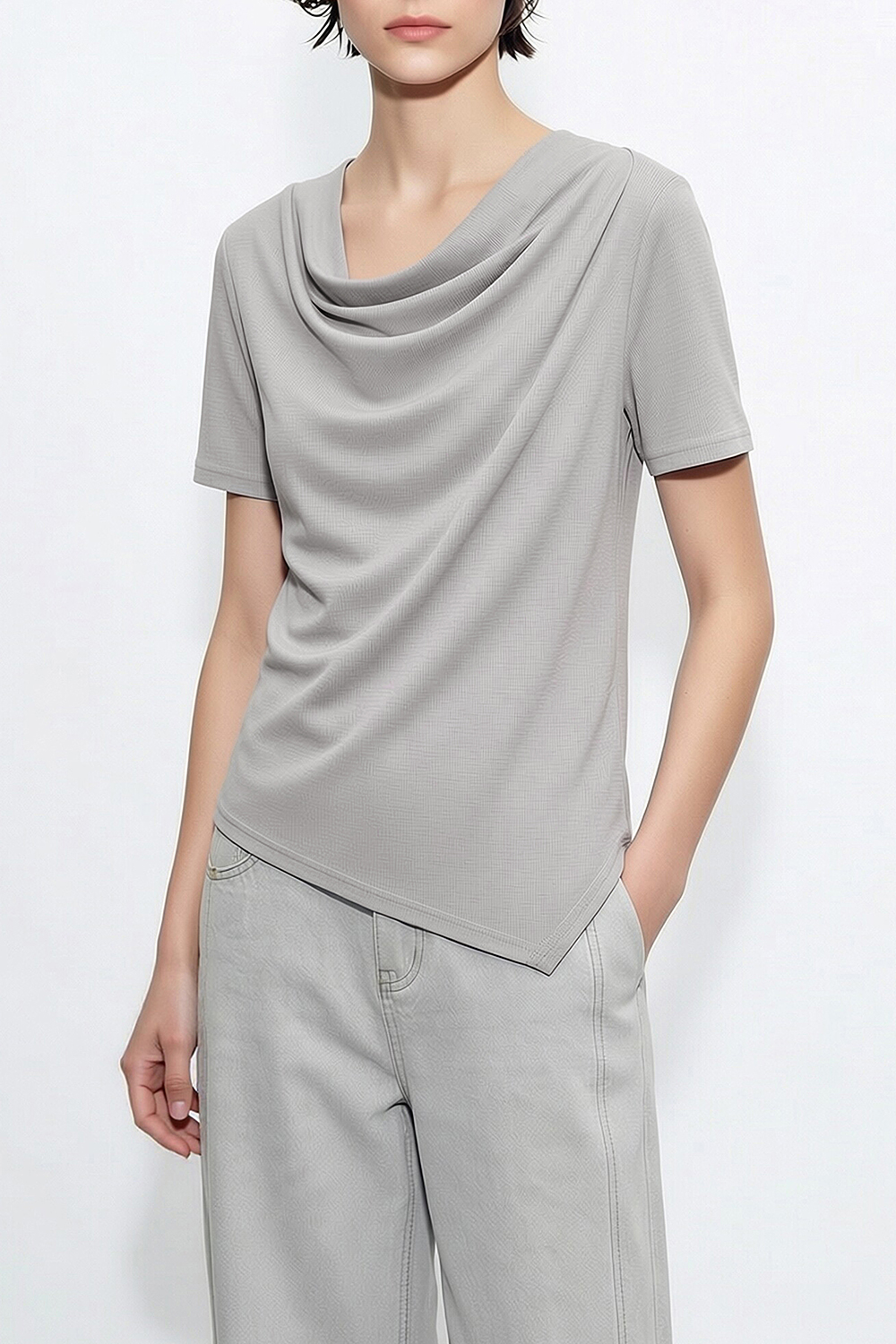 Cowl Neck Irregular Hem T-Shirt|AMII