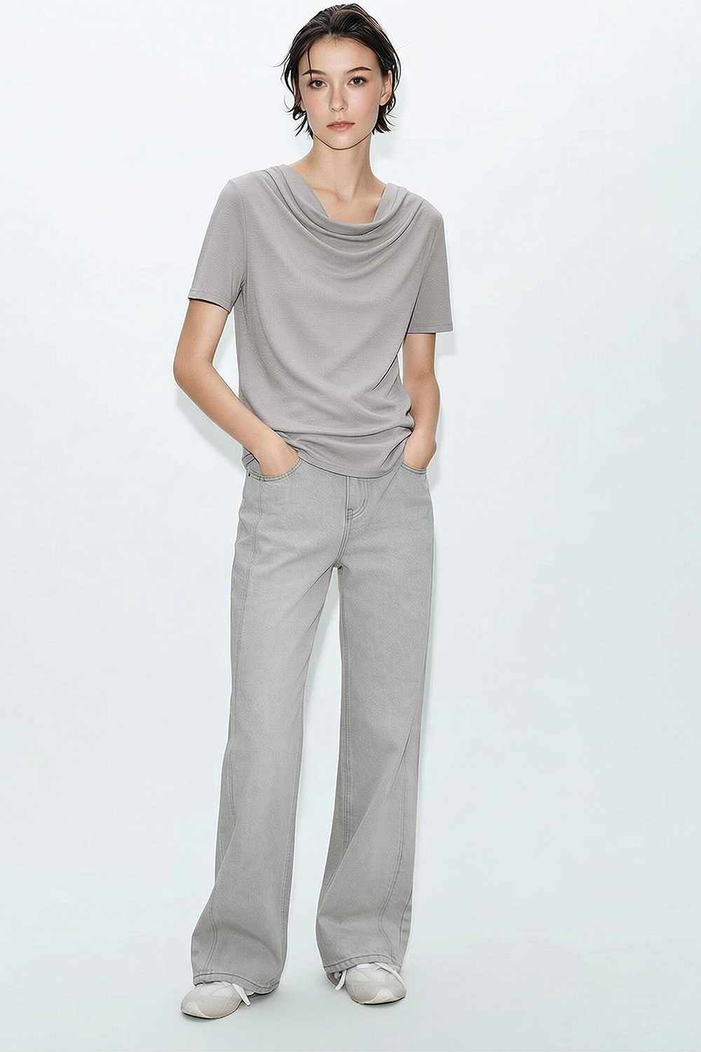 Cowl Neck Irregular Hem T-Shirt|AMII