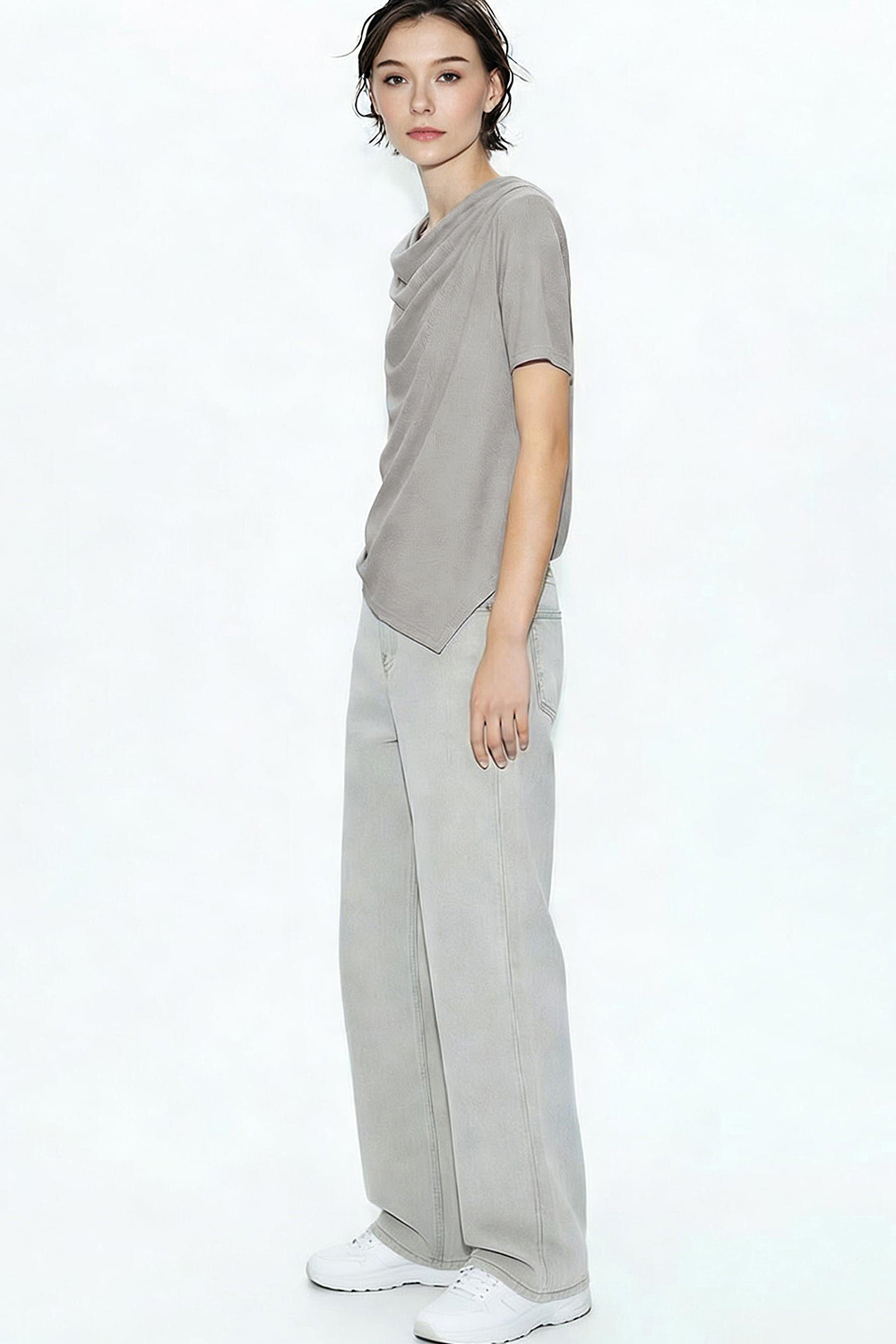 Cowl Neck Irregular Hem T-Shirt|AMII