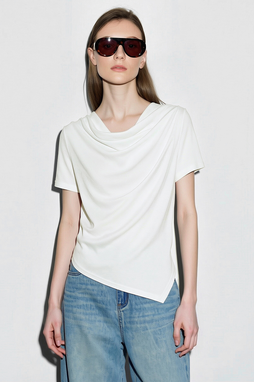Cowl Neck Irregular Hem T-Shirt|AMII