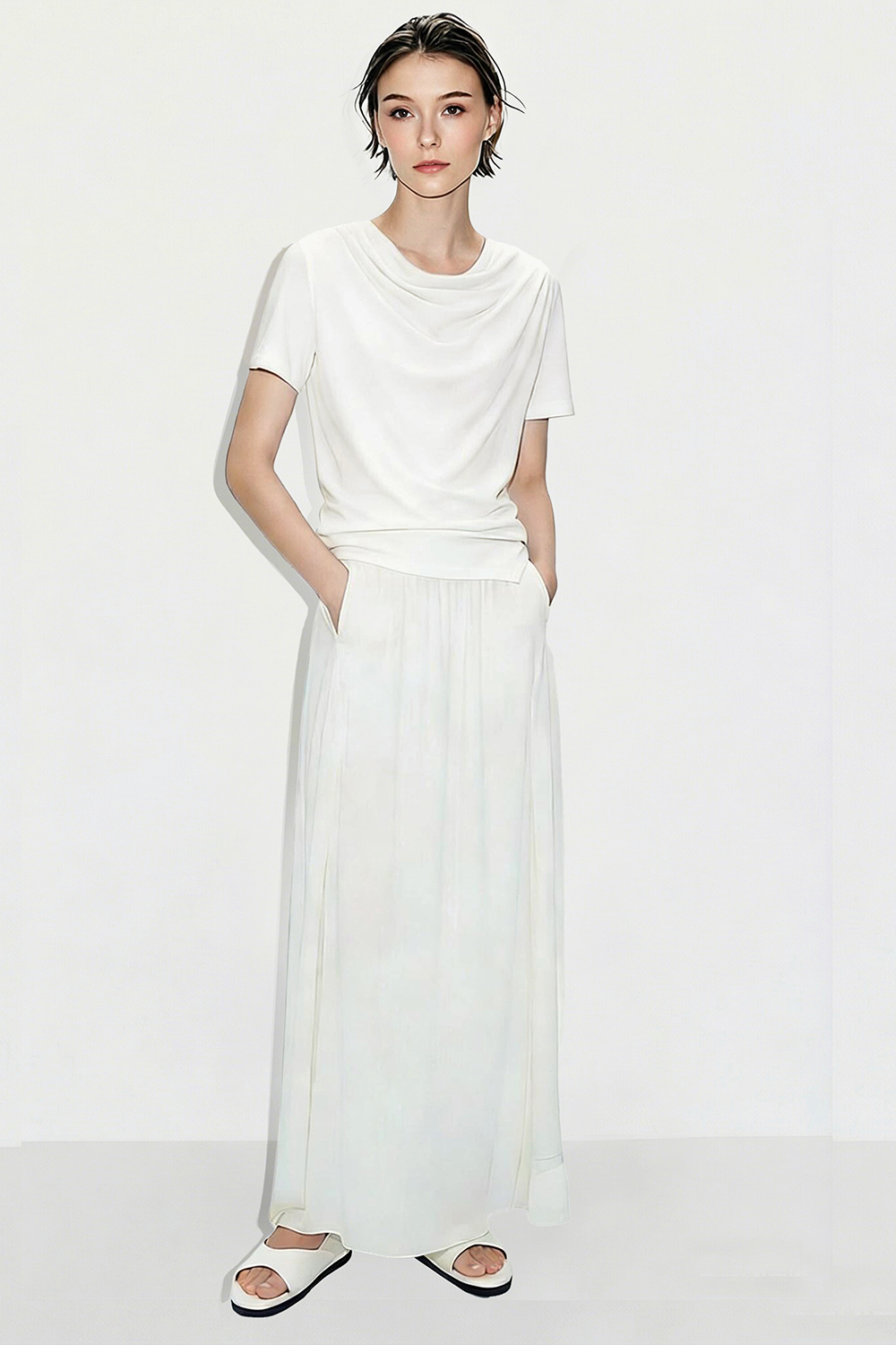 Cowl Neck Irregular Hem T-Shirt|AMII
