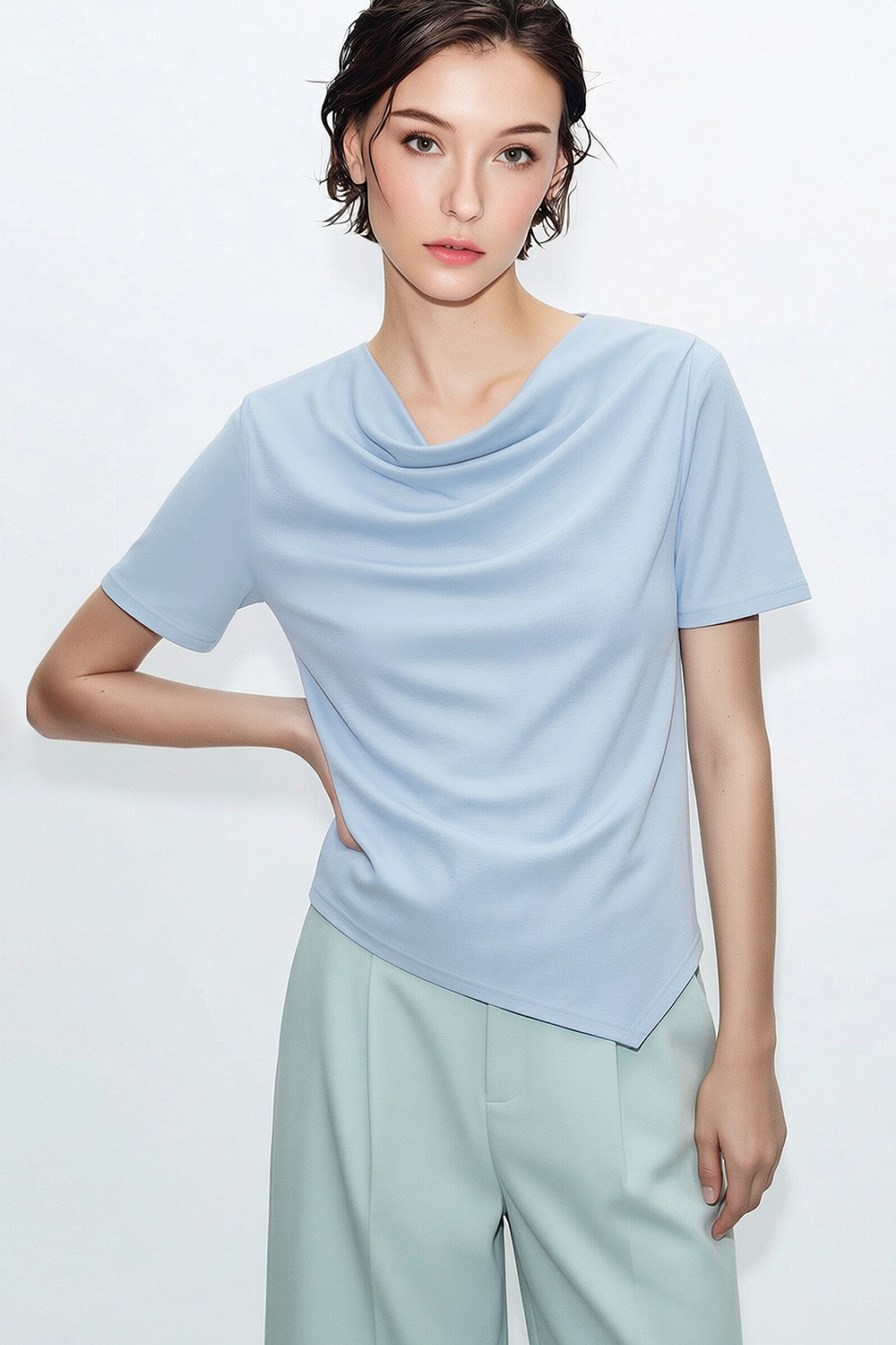 Cowl Neck Irregular Hem T-Shirt|AMII