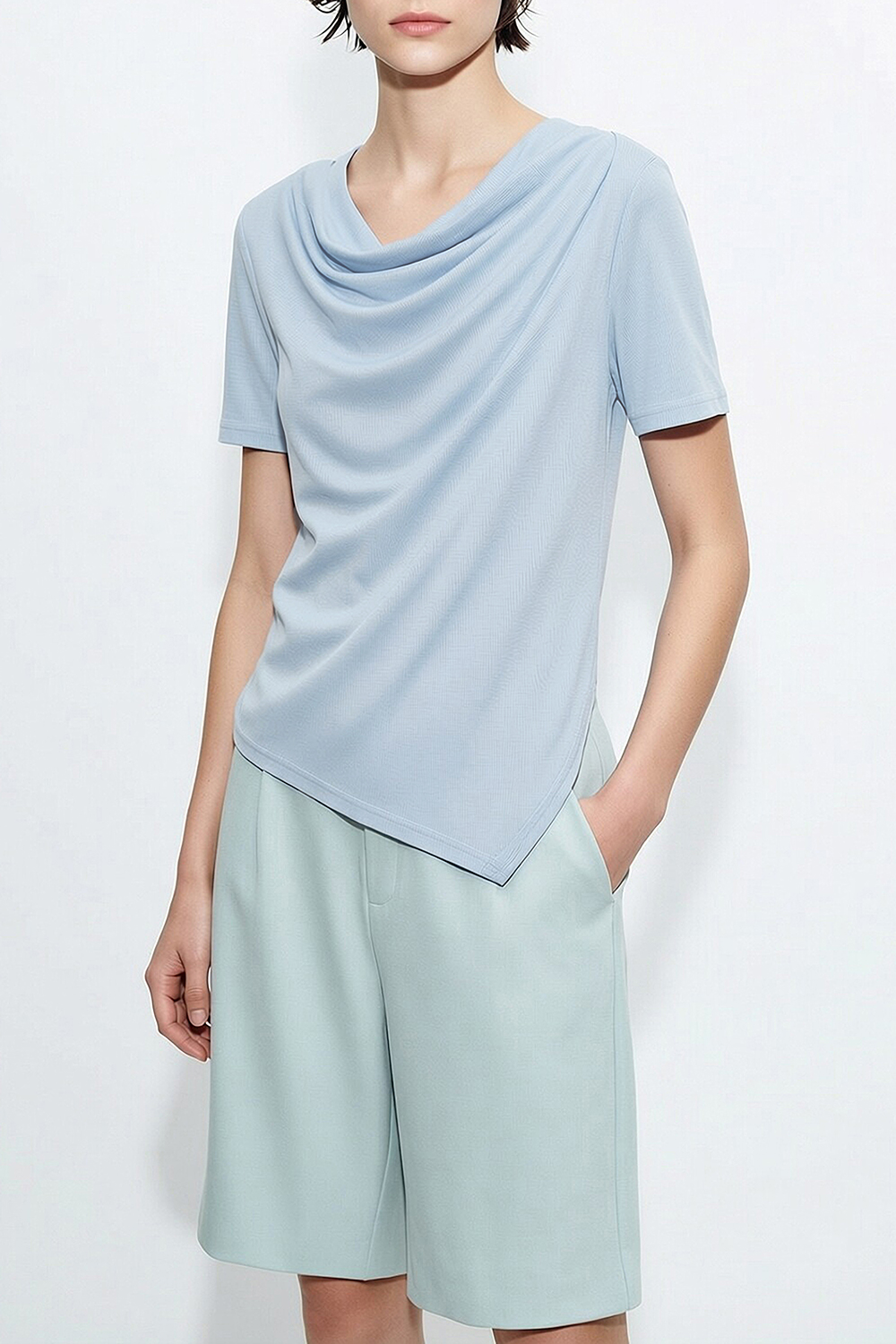 Cowl Neck Irregular Hem T-Shirt|AMII