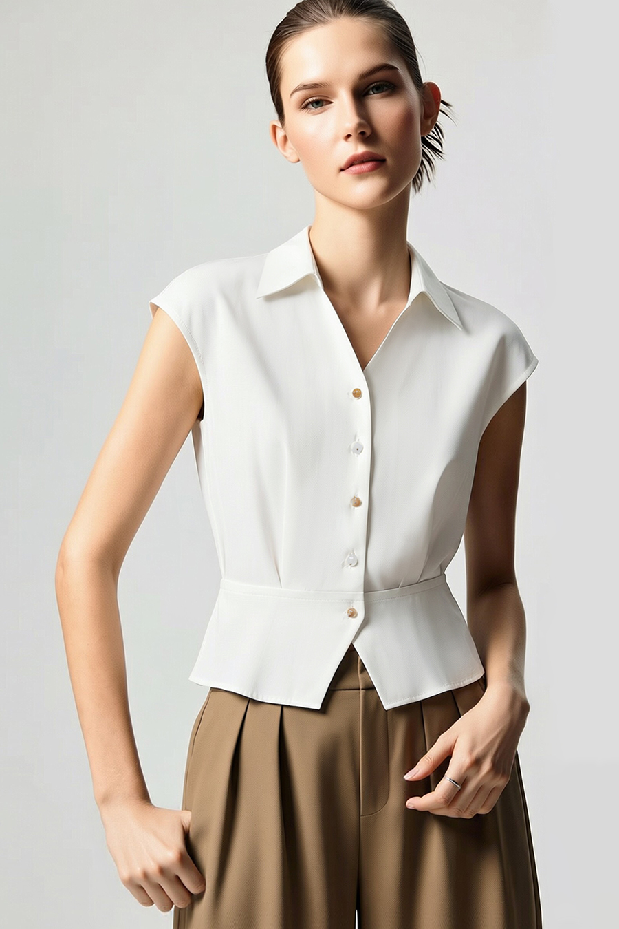 Lapel Cap Sleeve Chiffon Blouse|AMII