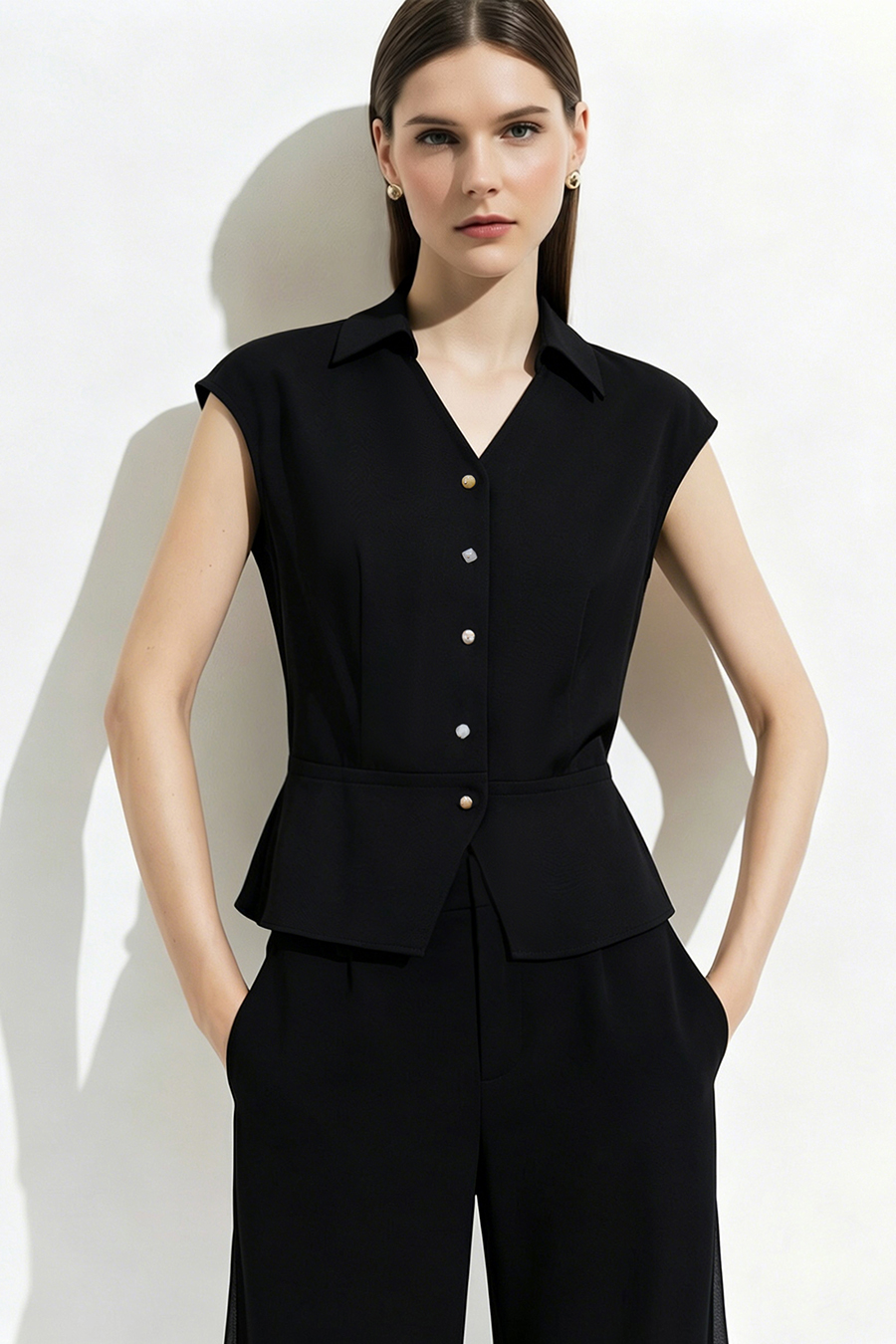 Lapel Cap Sleeve Chiffon Blouse|AMII