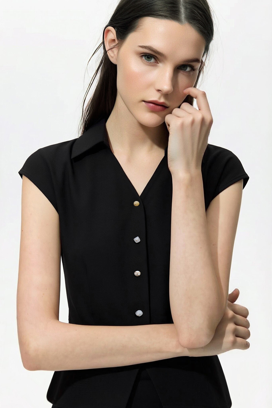 Lapel Cap Sleeve Chiffon Blouse|AMII