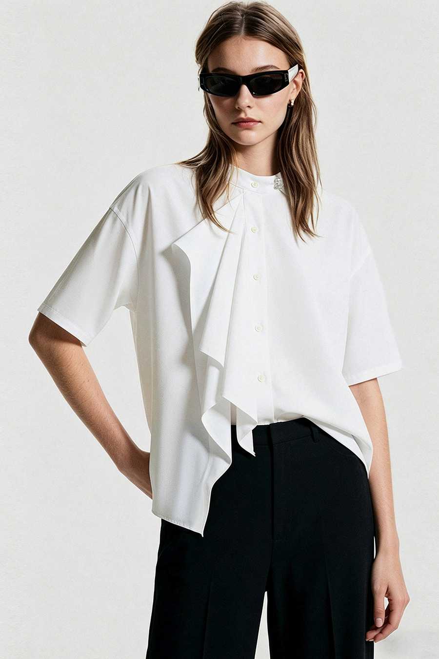 Stand Collar Ruffle Shirt|AMII