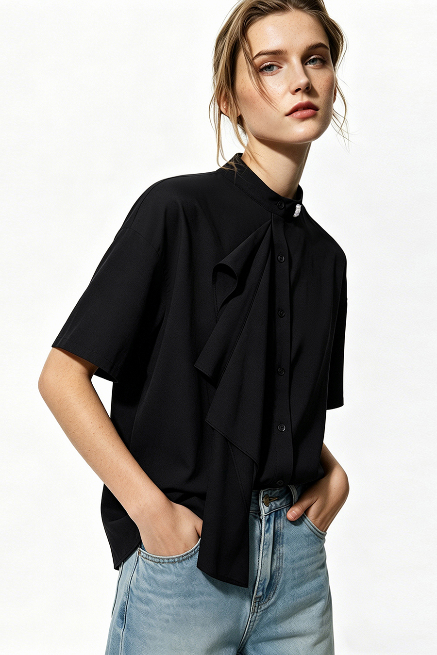 Stand Collar Ruffle Shirt|AMII