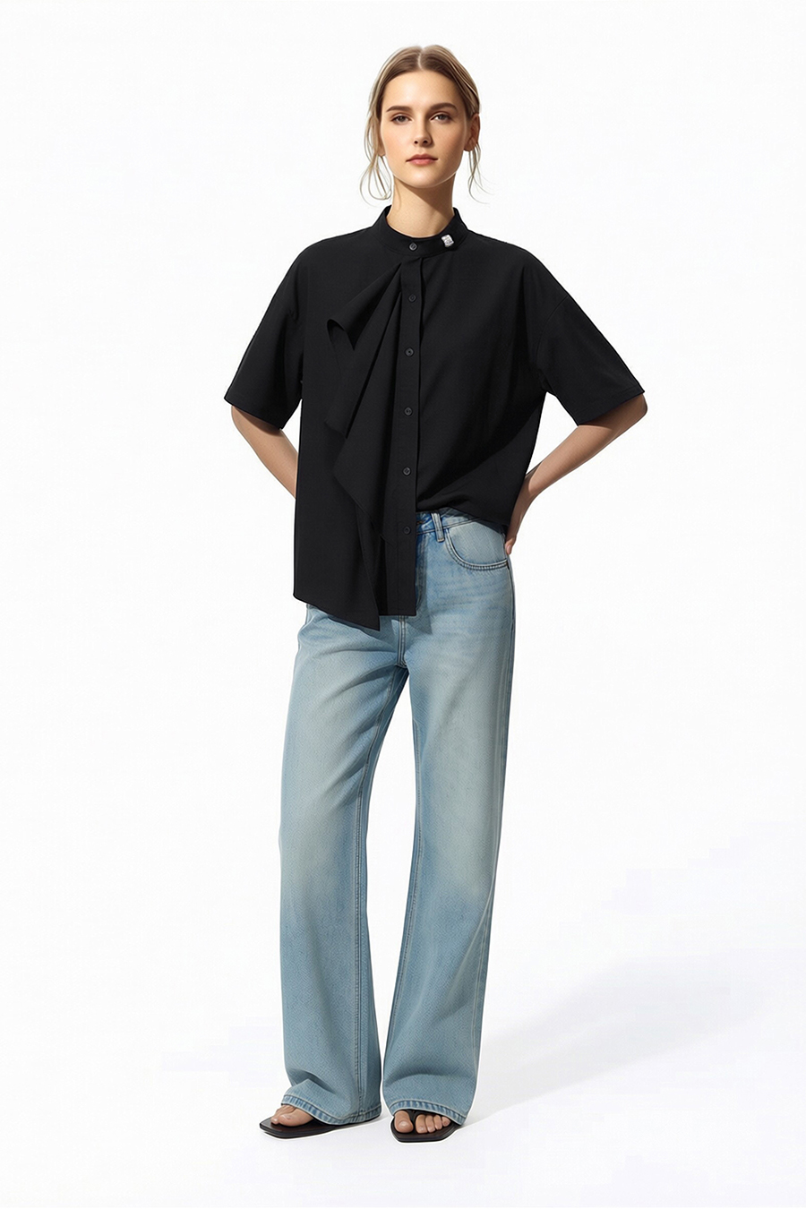Stand Collar Ruffle Shirt|AMII