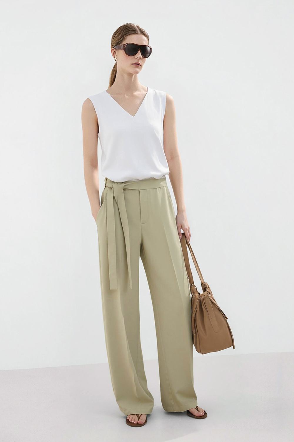 Tie Waist Wide Leg Casual Pants