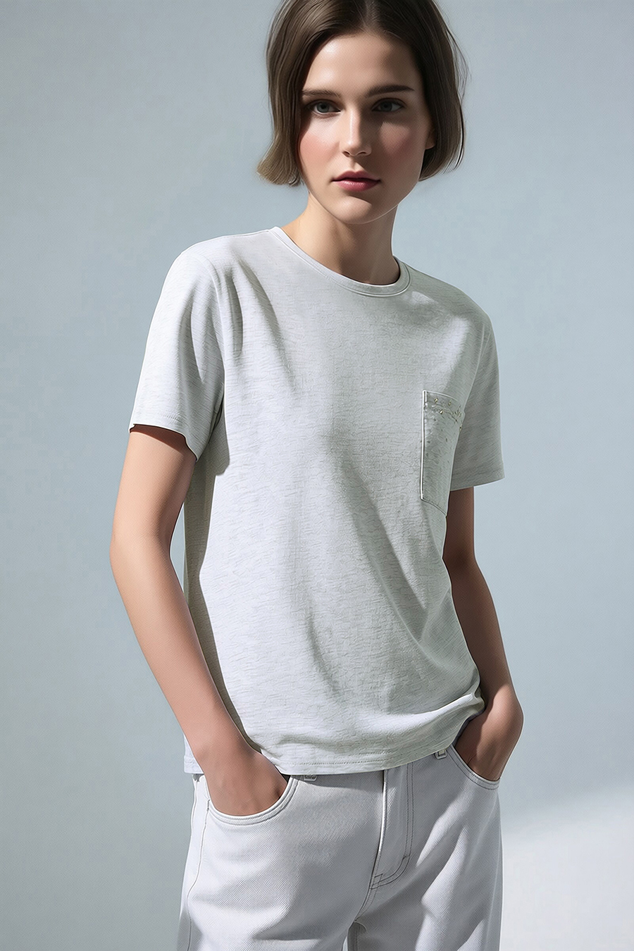 Rhinestone Pocket Crew Neck T-shirt|AMII