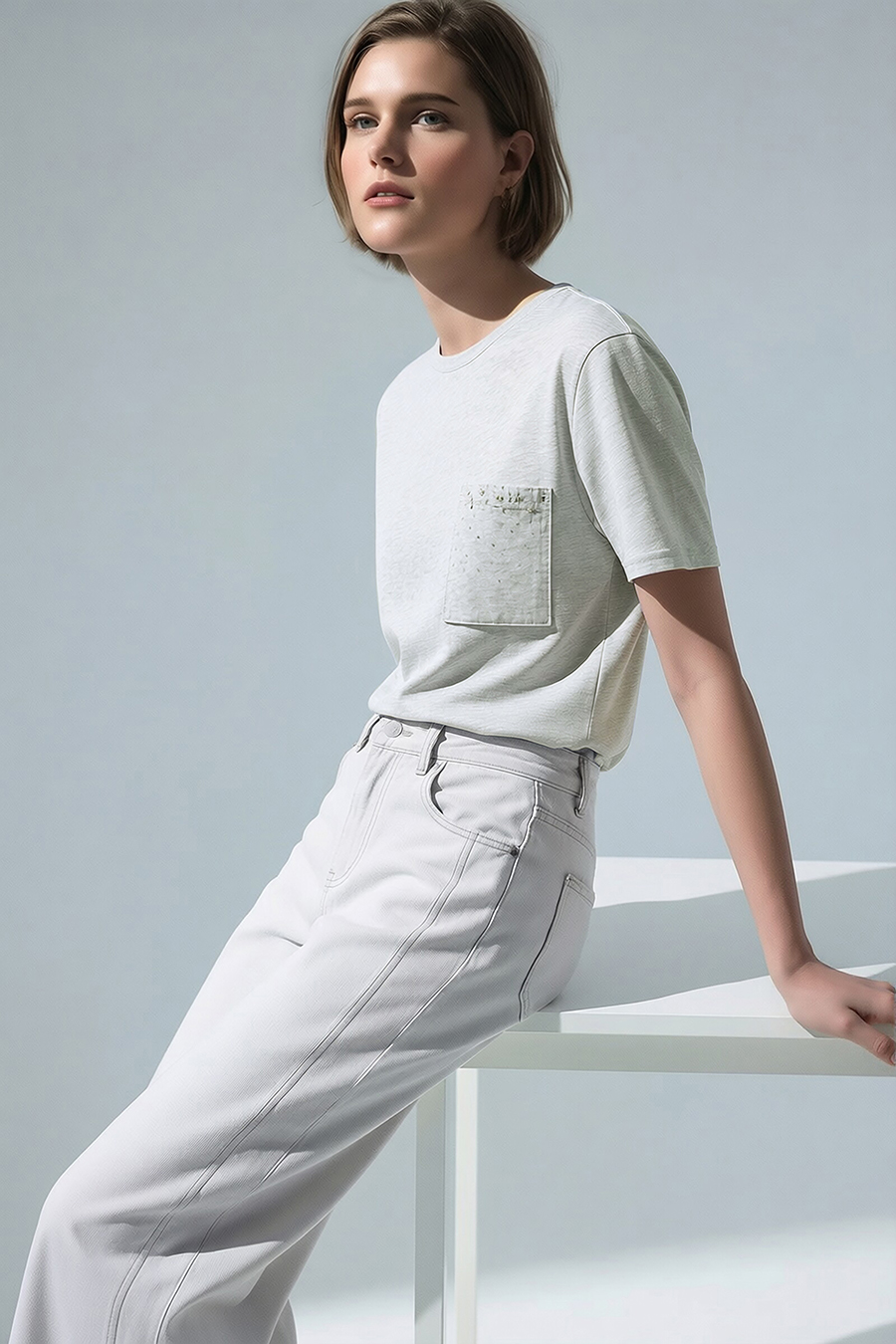 Rhinestone Pocket Crew Neck T-shirt|AMII
