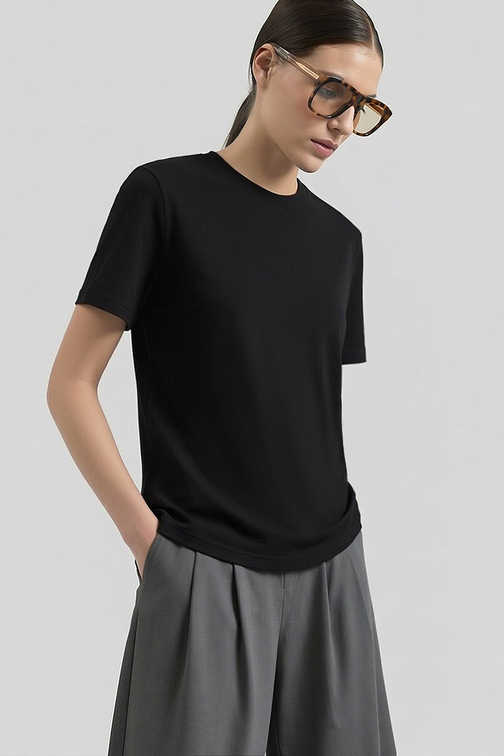 Rib Spliced Round Neck T-Shirt|AMII