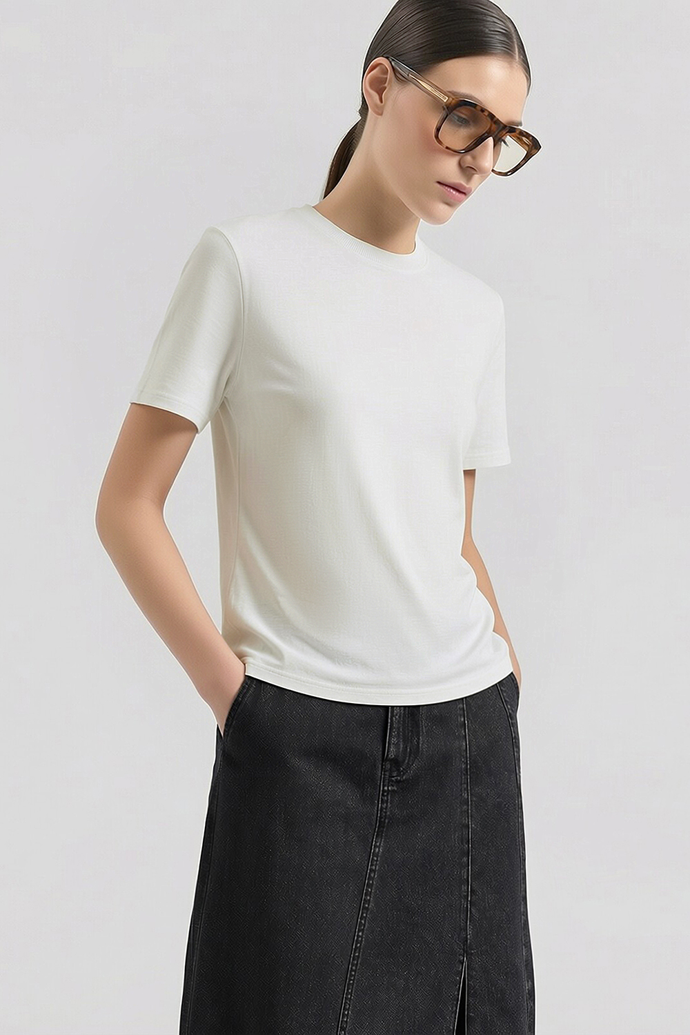 Rib Spliced Round Neck T-Shirt|AMII