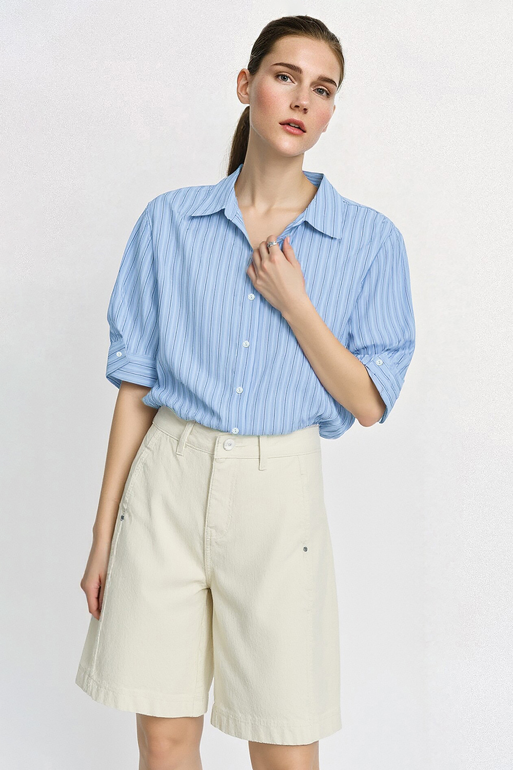 Hollow Pleated Stripe Shirt