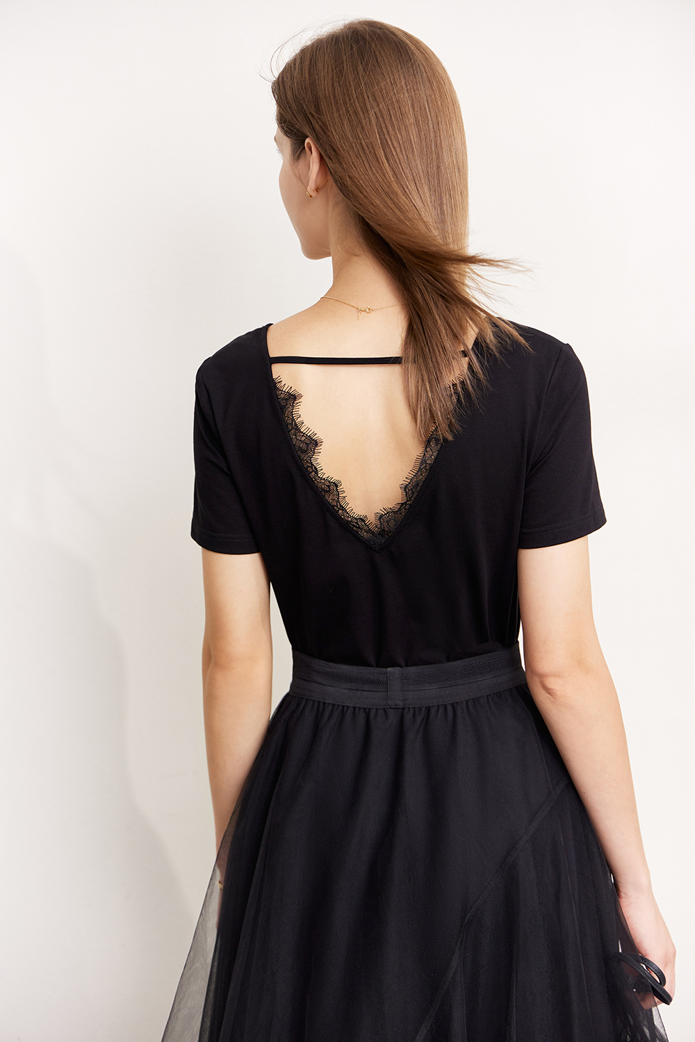 Lace Spliced Backless T-shirt