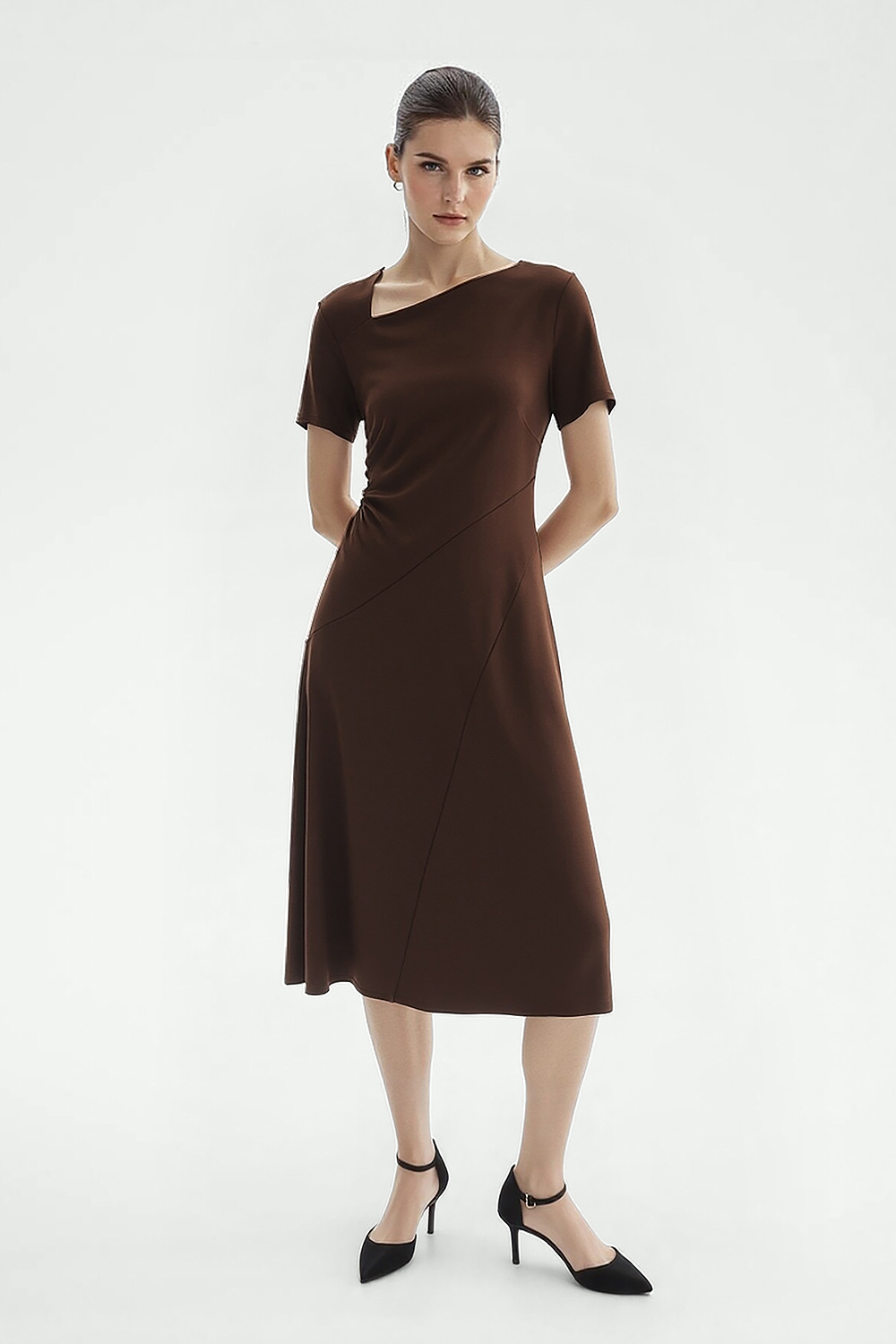 Asymmetric Neck Waist Slim Knit Dress|AMII