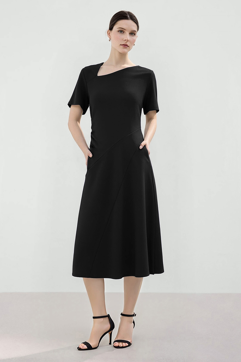 Asymmetric Neck Waist Slim Knit Dress|AMII