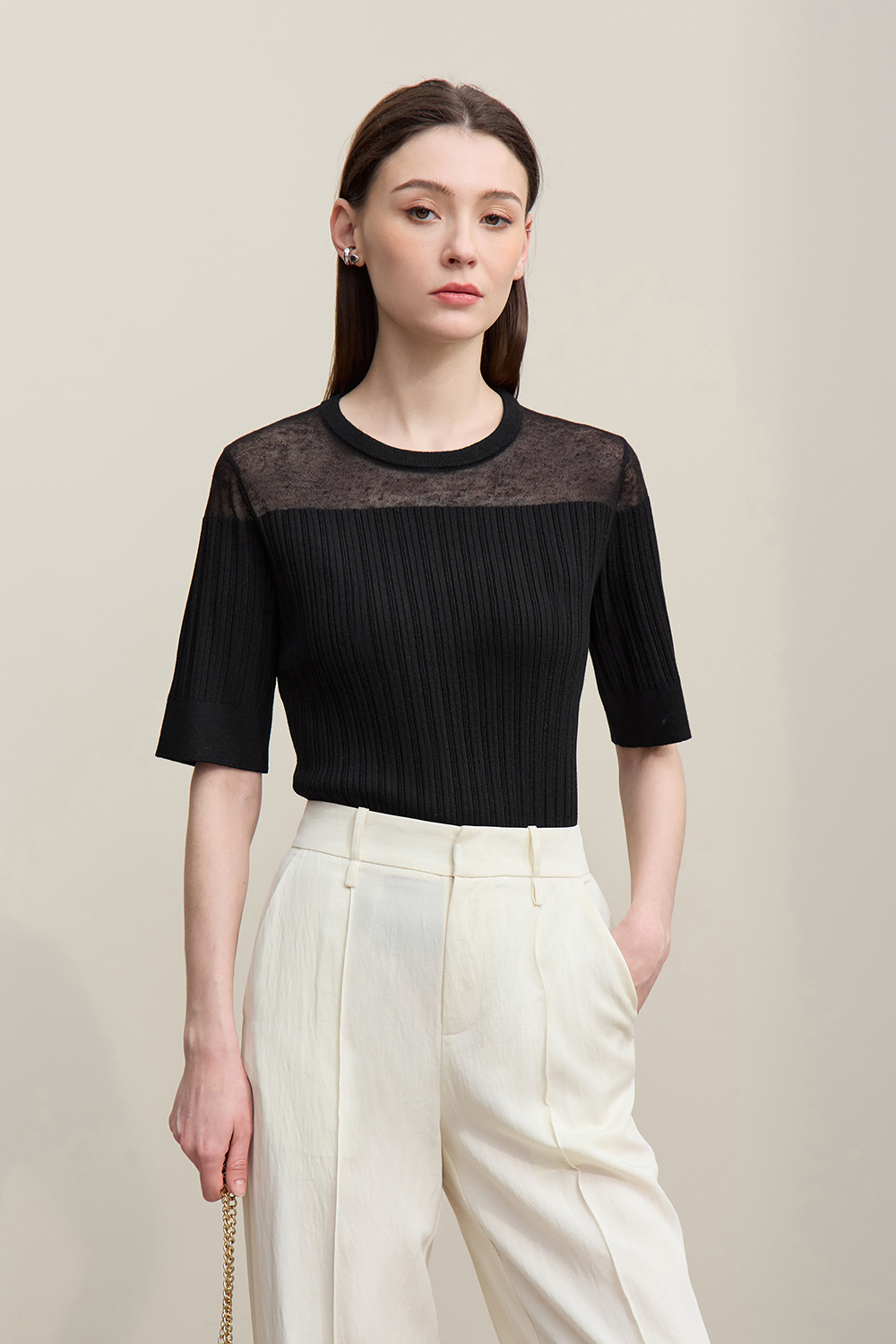 Sheer Silk Spliced Knit Sweater