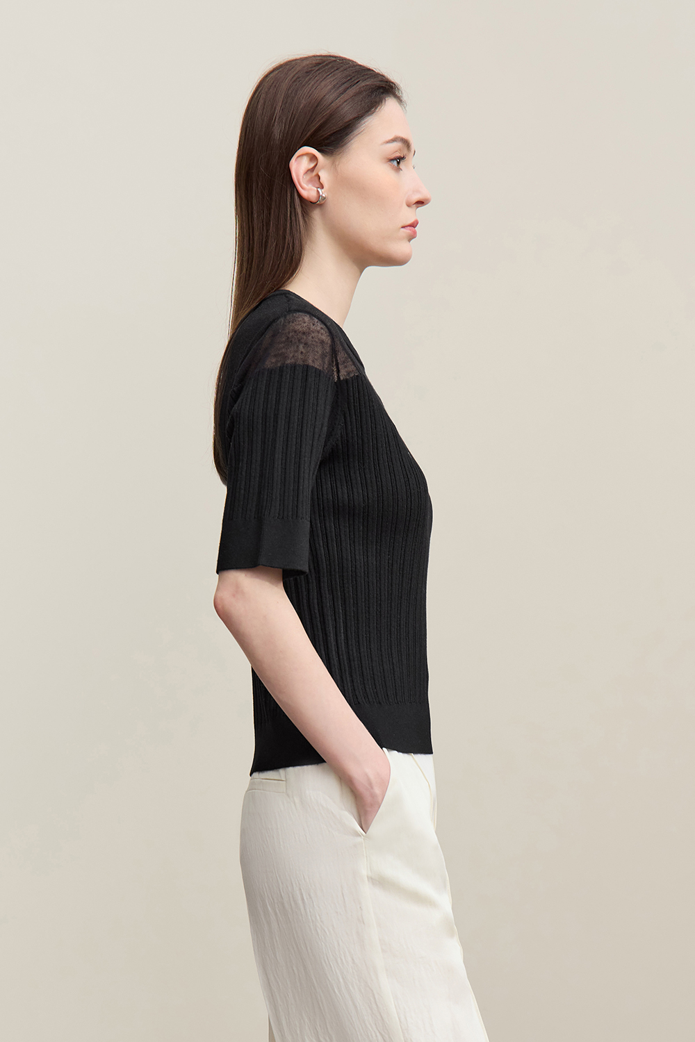Sheer Silk Spliced Knit Sweater