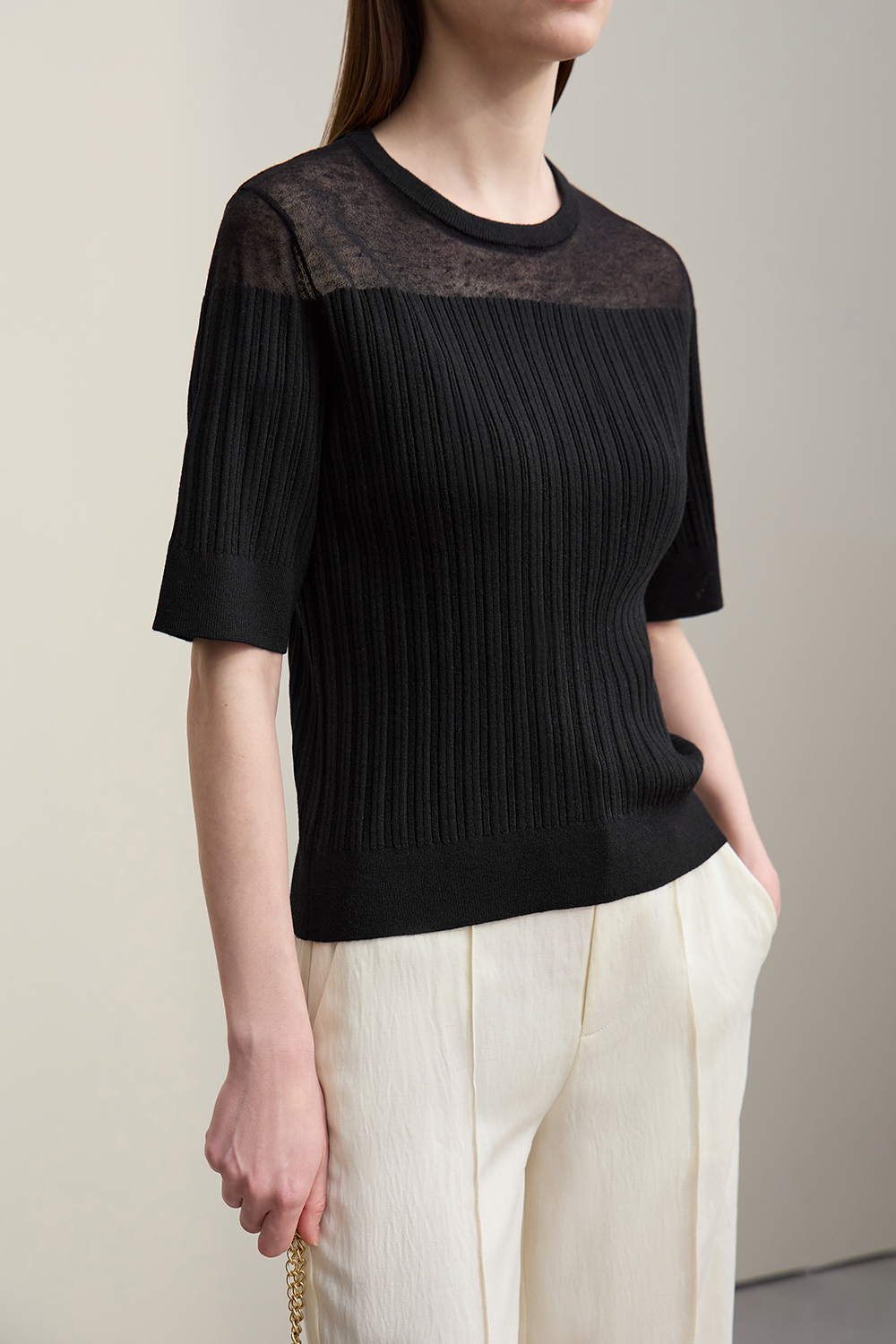 Sheer Silk Spliced Knit Sweater