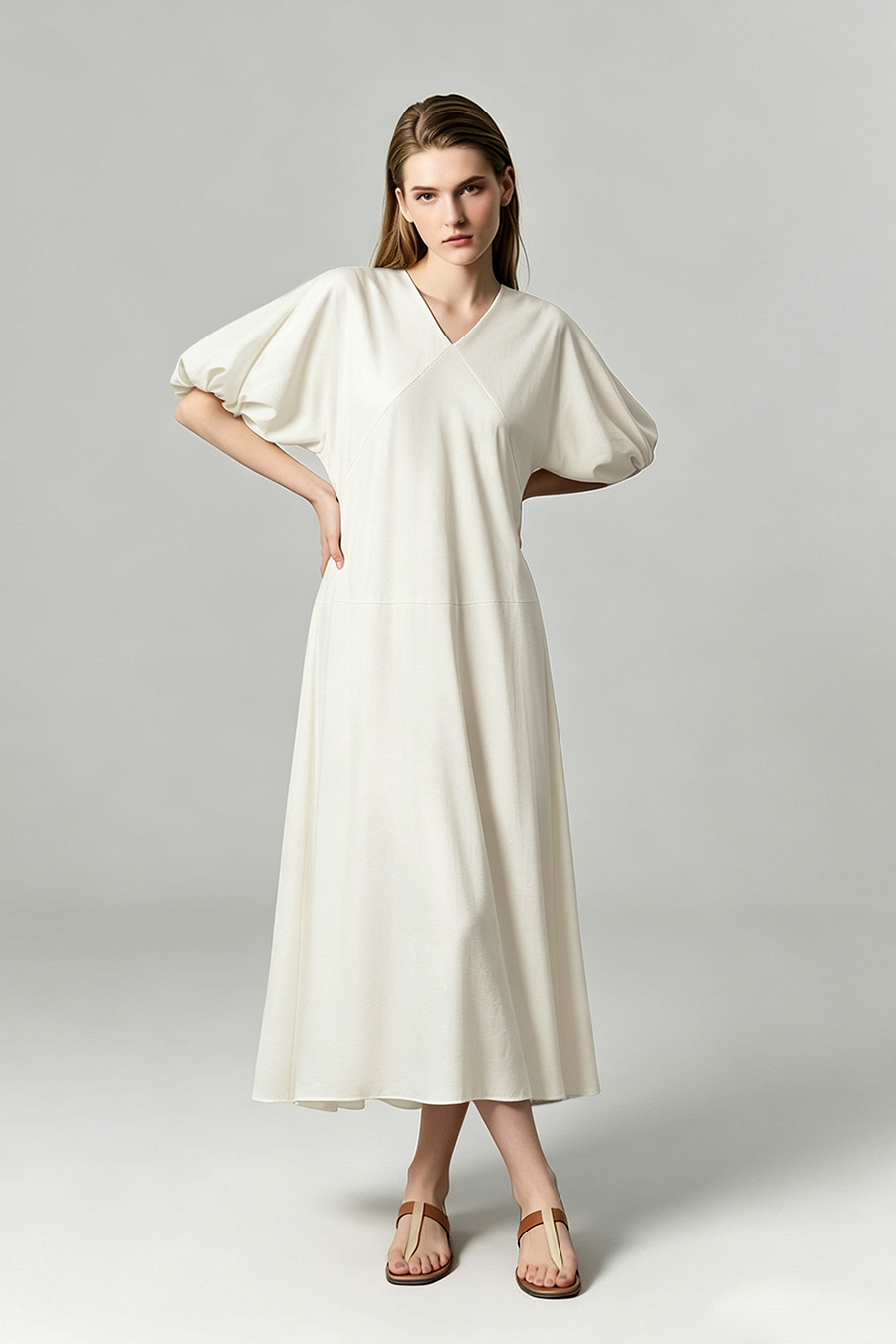 V-neck Puff Sleeve Dress|AMII