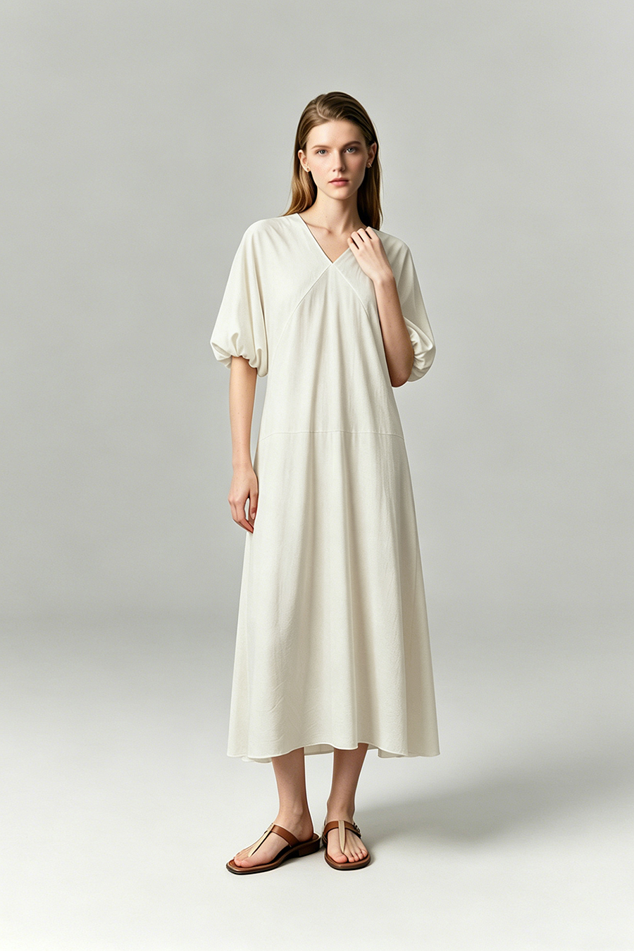 V-neck Puff Sleeve Dress|AMII