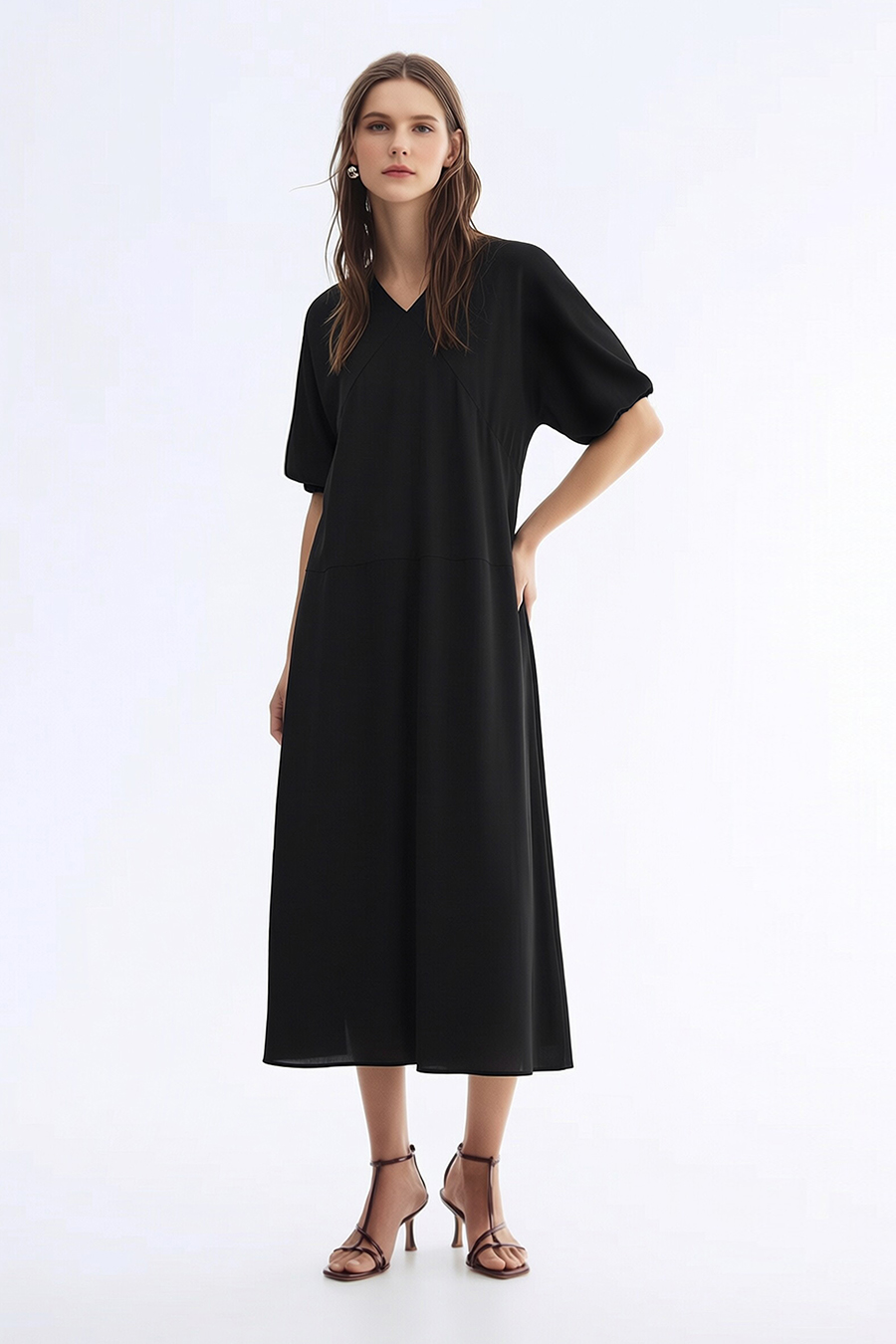 V-neck Puff Sleeve Dress|AMII